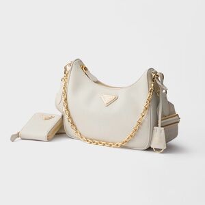 Prada Re-Edition 2005 Saffiano Leather Bag with Gold Hardware and Chain.